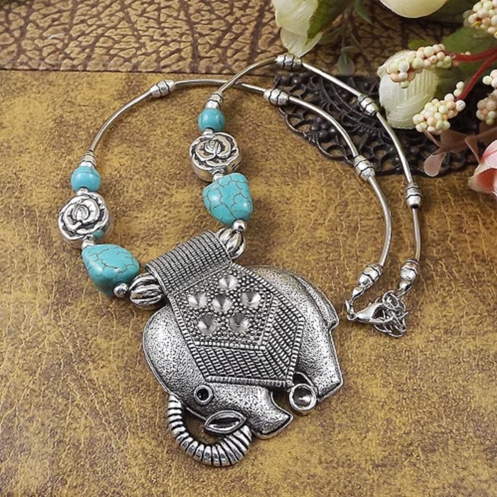 Silver Turquoise Tibetan Metal Elephant Necklace